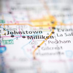 Close-up view of a map focusing on Milliken, Colorado, with surrounding towns of Johnstown and Gilcrest visible