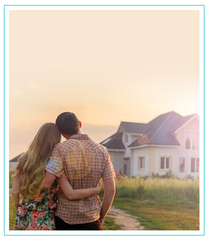 Embracing Future Together: Visually Impaired Accessible Description of a Couple Overlooking a House at Dusk Couple embracing while looking at their new house at sunset, representing potential homebuyers or real estate investment opportunities.